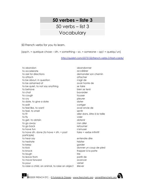 50 Verbs List 3 Verbes French Etc