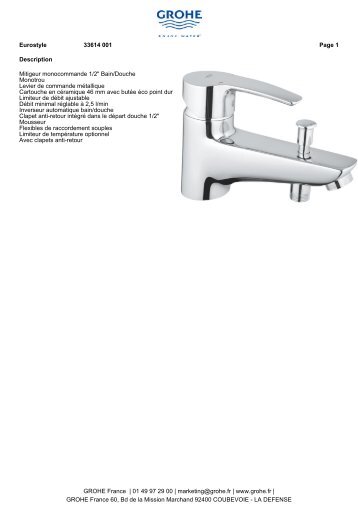 Description Mitigeur monocommande 1/2" Bain/Douche Monotrou ...