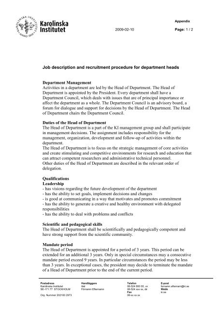 Job Description And Recruitment Procedure For Department Heads