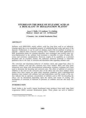 studies on the role of sulfamic acid as a descalant in desalination ...