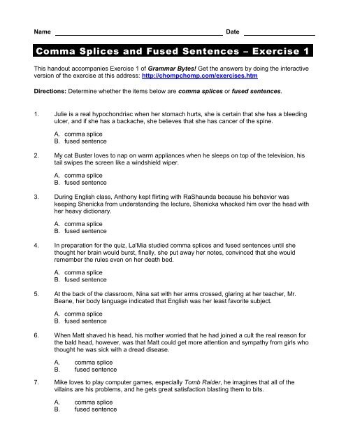Comma Splices and Fused Sentences â€“ Exercise 1 - Grammar Bytes!