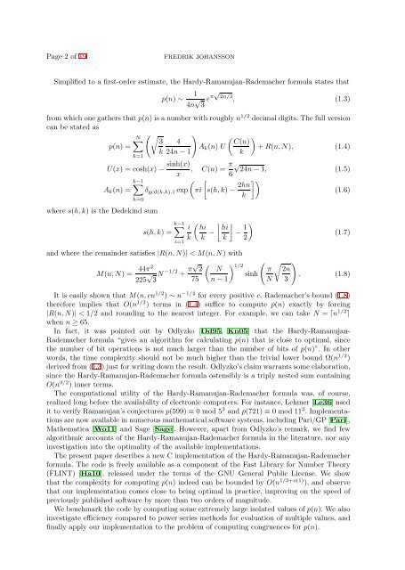 Efficient implementation of the Hardy-Ramanujan ... - William Stein