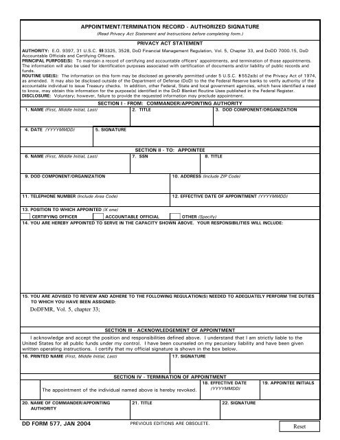 DD Form 577, Appointment/Termination Record - Authorized ...