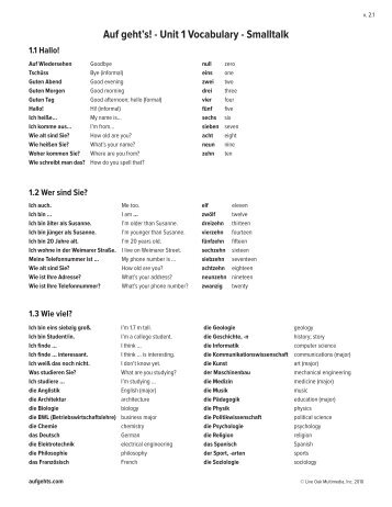 Auf geht's! - Unit 1 Vocabulary - Smalltalk