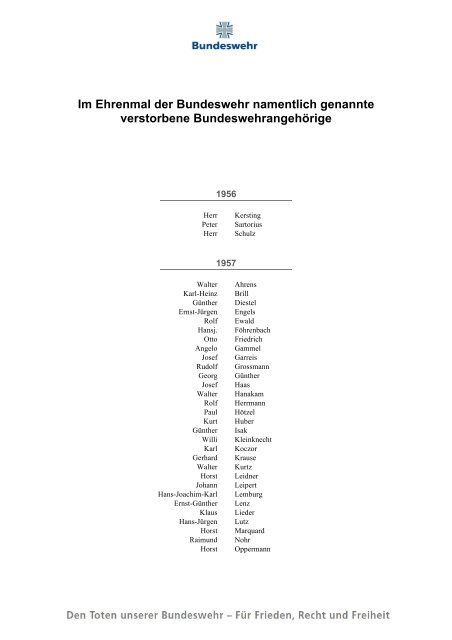 Im Ehrenmal der Bundeswehr namentlich genannte verstorbene ...