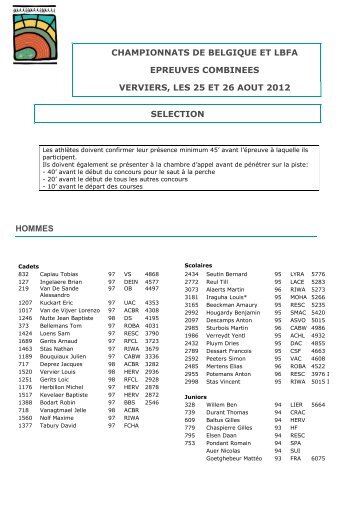 SELECTION performances- cHAMPIONNATS de Belgique ... - Lbfa.be