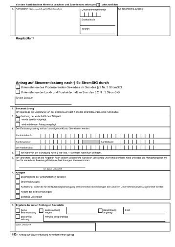 Antrag auf Steuerentlastung nach Â§ 9b StromStG durch