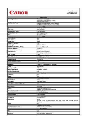 LEGRIA HF R206 Specification Sheet.xlsx - Canon