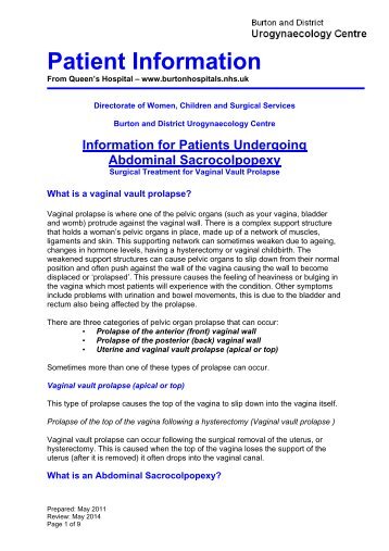 Information For Patients Undergoing Abdominal Sacrocolpopexy