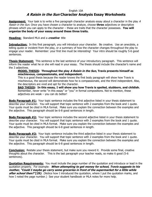 A Raisin In The Sun Character Analysis Chart Answers