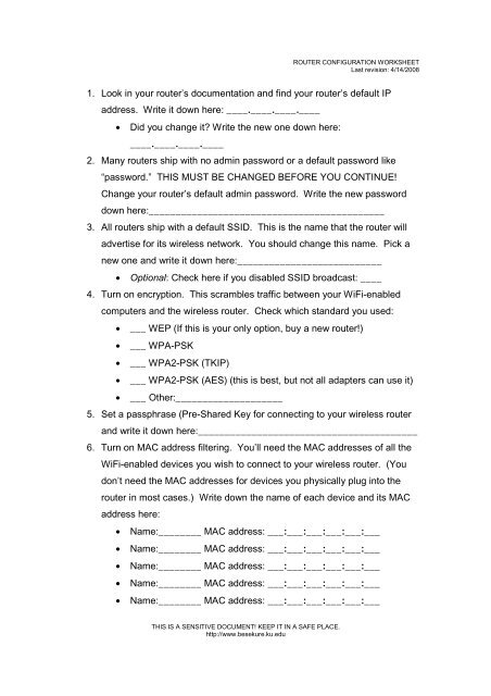 ROUTER CONFIGURATION WORKSHEET