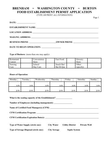 Fixed Food Establishment Permit Application - City of Brenham