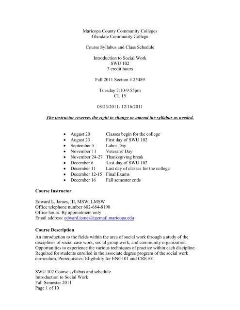 SWU 102 Course syllabus and schedule Introduction to Social Work