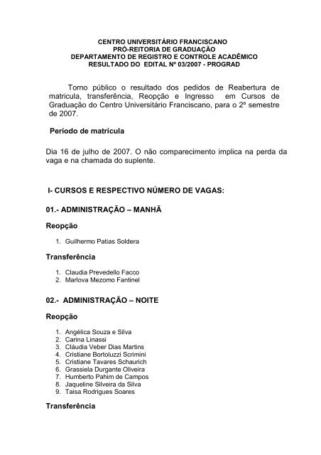 Resultado dos pedidos de Reabertura de matricula ... - Unifra