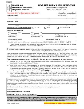 Possession Lien Affidavit - TR-85 - Sedgwick County