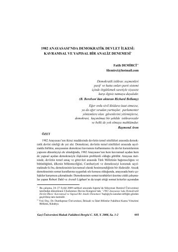 1982 AnayasasÄ±'nda Demokratik Devlet Ä°lkesi - Gazi Ãniversitesi