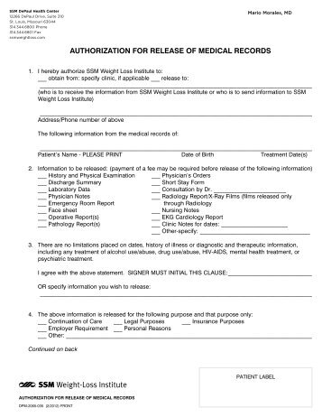 authorization for release of medical records - SSM Health Care St ...