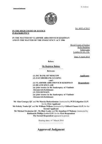 (1) JSC Bank of Moscow and (2) Zao Sberbank Leasing v Vladimir Abramovich Kekhman (and others)