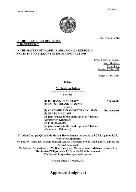 (1) JSC Bank of Moscow and (2) Zao Sberbank Leasing v Vladimir Abramovich Kekhman (and others)