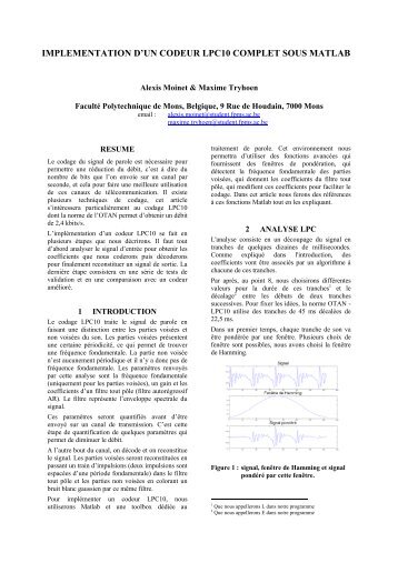 implementation d'un codeur lpc10 complet sous matlab