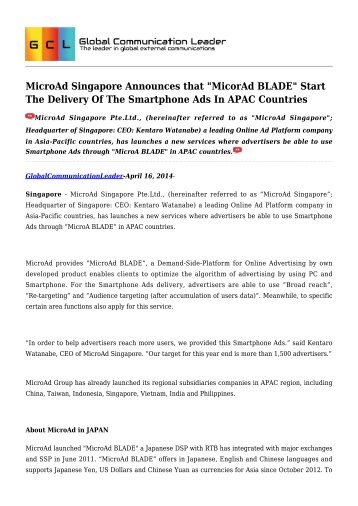 MicroAd Singapore Announces that "MicorAd BLADE" Start The Delivery Of The Smartphone Ads In APAC Countries
