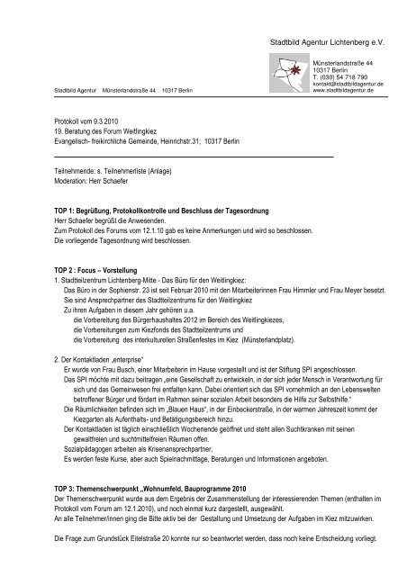Stadtbild Agentur Lichtenberg e.V. Protokoll vom 9.3.2010 19 ...