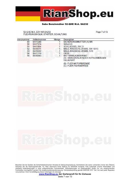 Sabo BenzinmÃ¤her 52-QHE M.A. SA232 www.RianShop.eu der ...