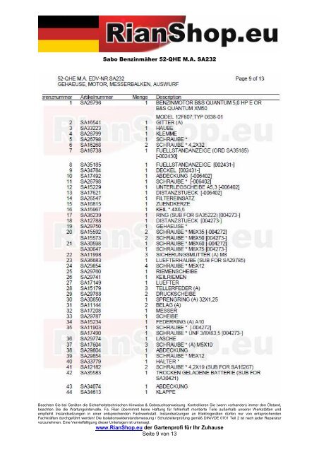 Sabo BenzinmÃ¤her 52-QHE M.A. SA232 www.RianShop.eu der ...