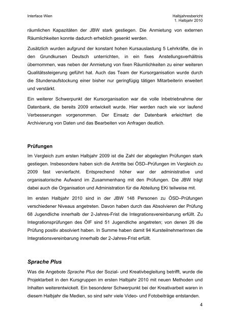 Die Jugendbildungswerkstatt (JBW) im 1. Hälfte 2010 - Interface Wien