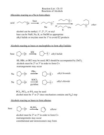 Reaction List - Ch 15 Reactions of Alcohols Alkoxides reacting as a ...