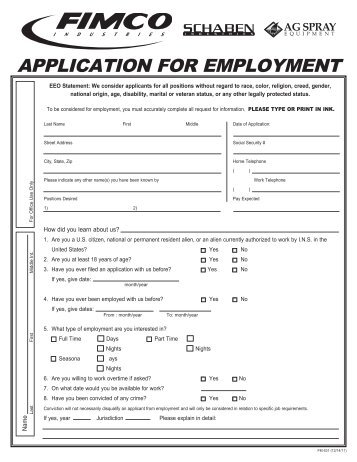 APPLICATION FOR EMPLOYMENT - FIMCO Industries