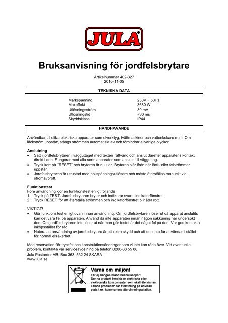 Bruksanvisning fÃƒÂ¶r jordfelsbrytare - Jula