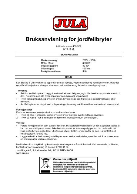 Bruksanvisning fÃƒÂ¶r jordfelsbrytare - Jula