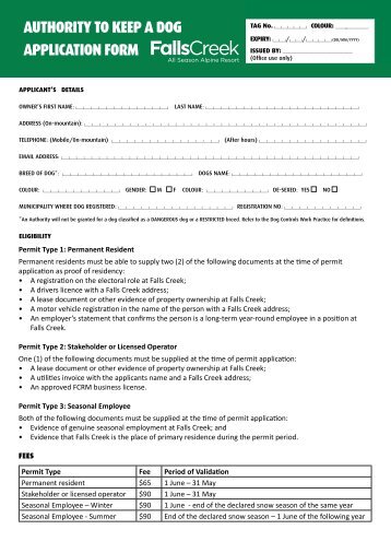 AUTHORITY TO KEEP A DOG APPLICATION FORM - Falls Creek
