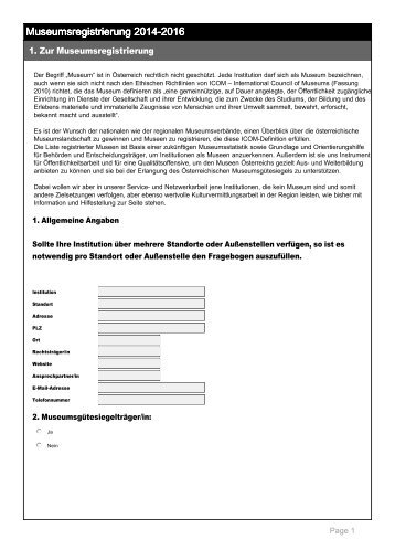 Fragebogen Museumsregistrierung - Museen & Sammlungen