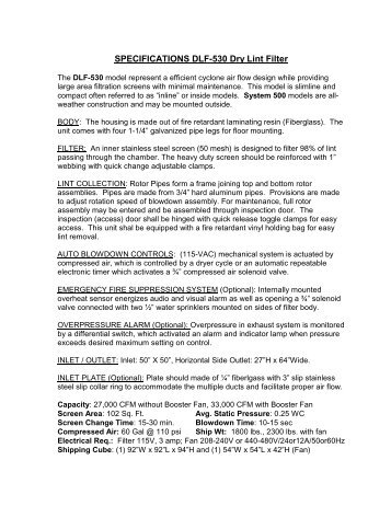 SPECIFICATIONS DLF-530 Dry Lint Filter - Clean Cycle Systems