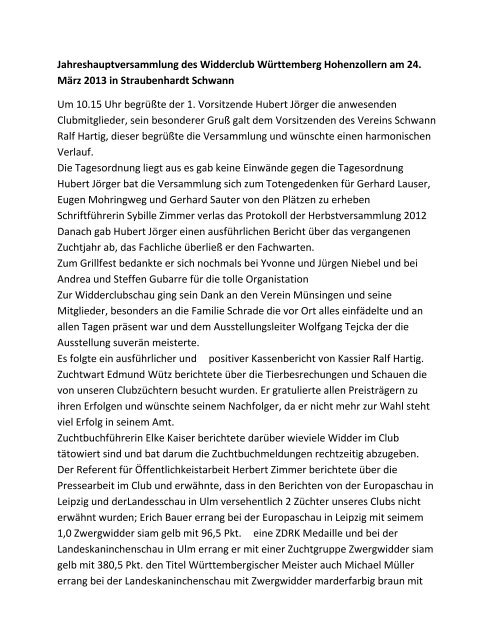 Bericht zur Jahreshauptversammlung Widderclub