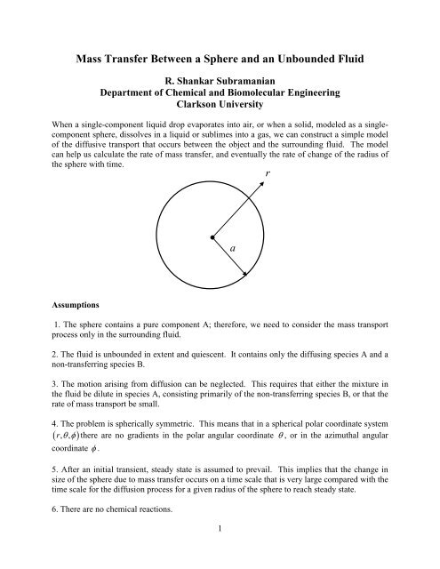 Mass Transfer Between a Sphere and an Unbounded Fluid ( )