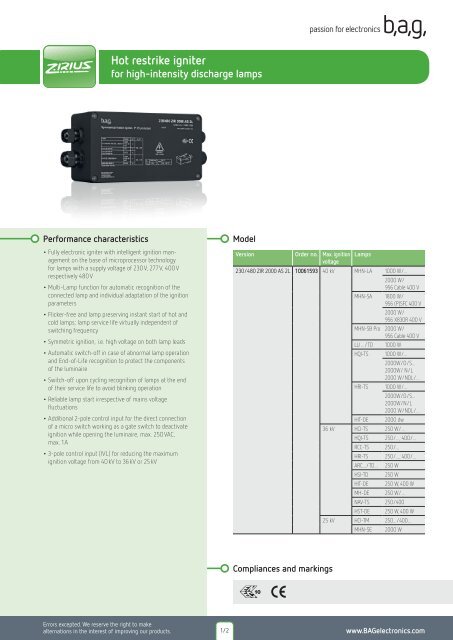 Datasheet ZIRIUS 230-480 ZIR 2000 AS 2L - BAG electronics