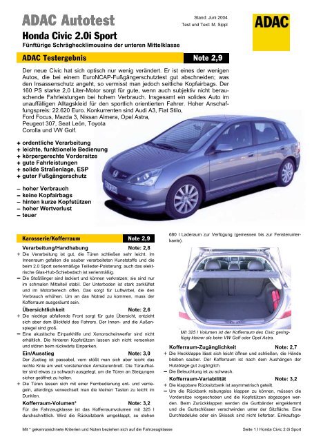 Umfassender Test Honda Civic 2 0i Sport Adac