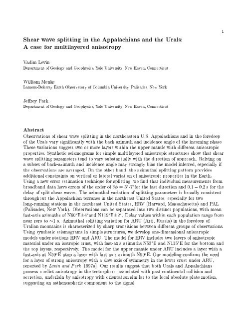 1 Shear wave splitting in the Appalachians and the Urals: A case for ...