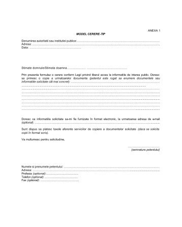 ANEXA 1 MODEL CERERE-TIP Denumirea autoritatii sau institutiei ...