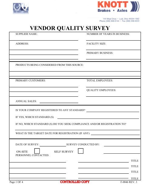 F-0046 VENDOR SURVEY - Knott Brake Company