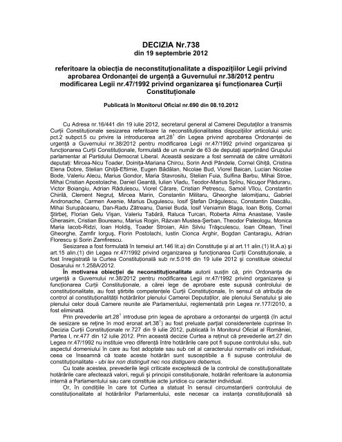 5. Decizia nr. 738 din data de 19.09.2012 - Curtea Constituţională a ...