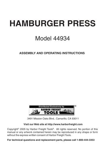 44934 hamburger press manual - Harbor Freight Tools