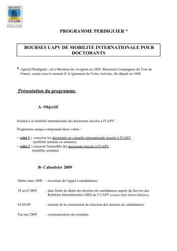 PROGRAMME PERDIGUIER * BOURSES UAPV DE MOBILITE ...