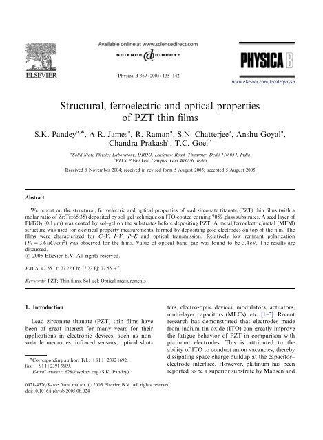 Structural, ferroelectric and optical properties of PZT thin films