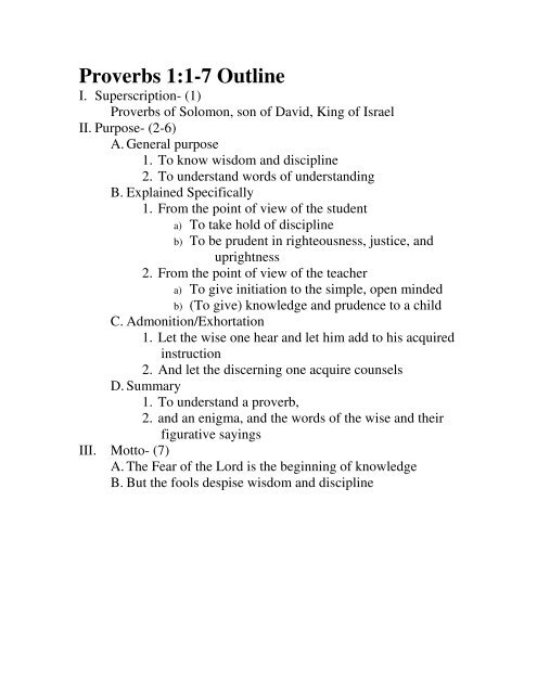 Proverbs 1 1 7 Outline Bradcopp