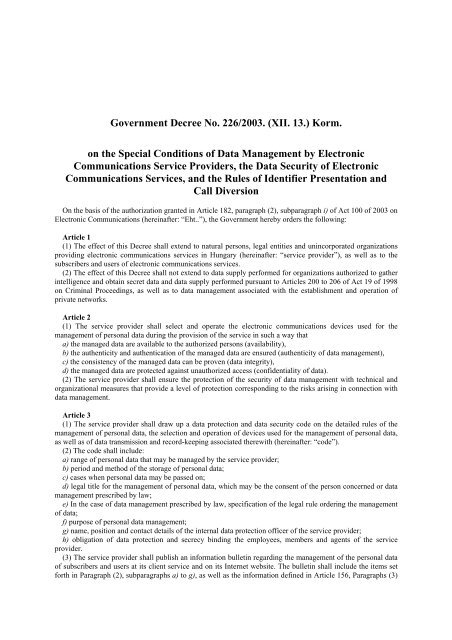 Government Decree No. 226/2003. (XII. 13.) Korm. on the ... - English