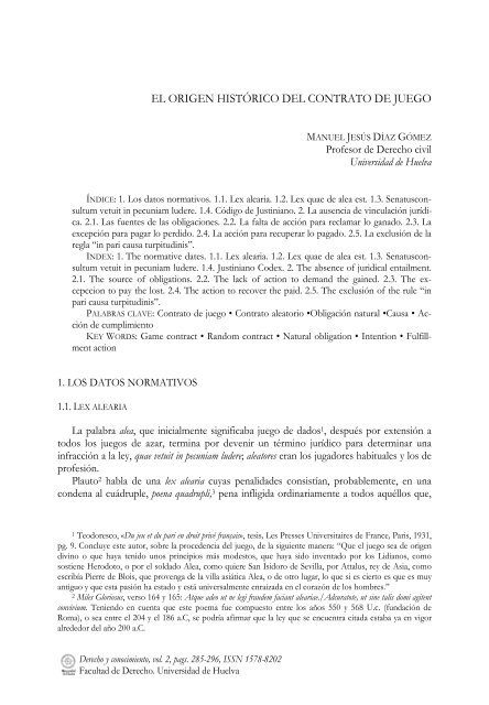 El origen historico del contrato de juego - Universidad de Huelva